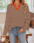 Lovelet Striped Johnny Collar Long Sleeve T-Shirt