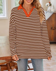 Lovelet Striped Johnny Collar Long Sleeve T-Shirt