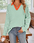 Lovelet Striped Johnny Collar Long Sleeve T-Shirt