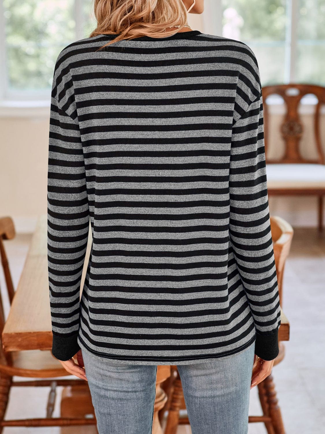 Lovelet Striped Round Neck Long Sleeve T-Shirt