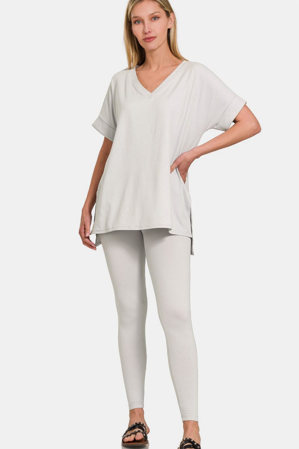 White Smoke Zenana V-Neck Rolled Short Sleeve T-Shirt and Leggings Lounge Set