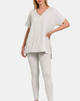 White Smoke Zenana V-Neck Rolled Short Sleeve T-Shirt and Leggings Lounge Set