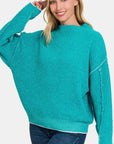 Light Sea Green Zenana Exposed Seam Mock Neck Long Sleeve Sweater