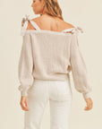 MABLE Off Shoulder Self Tie Strap Button Down Sweater