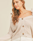 MABLE Off Shoulder Self Tie Strap Button Down Sweater