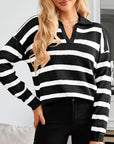 Many Striped Johnny Collar Long Sleeve Sweater