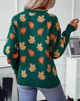 Maple Leaf Round Neck Long Sleeve Sweater