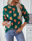 Maple Leaf Round Neck Long Sleeve Sweater