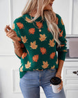 Maple Leaf Round Neck Long Sleeve Sweater