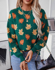 Maple Leaf Round Neck Long Sleeve Sweater