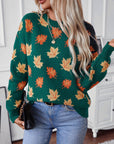 Maple Leaf Round Neck Long Sleeve Sweater