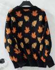 Maple Leaf Round Neck Long Sleeve Sweater