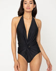 Black Marina West Swim Twisted Plunge Halter One Piece Swimsuit