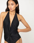 Black Marina West Swim Twisted Plunge Halter One Piece Swimsuit