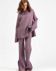 Basic Bae Slit Round Neck Long Sleeve Top and Drawstring Pants Sweater Set