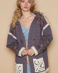 POL Embroidered Open Front Quilted Jacket with Crochet Pockets