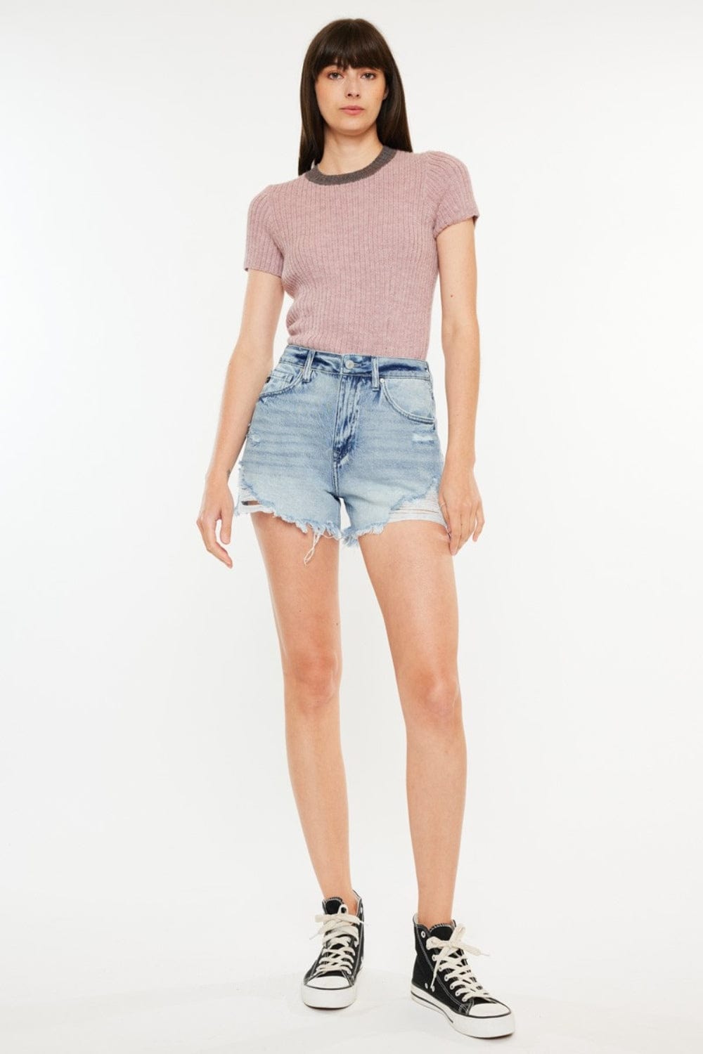 Beige Kancan Distressed High Waist Denim Shorts with Pockets