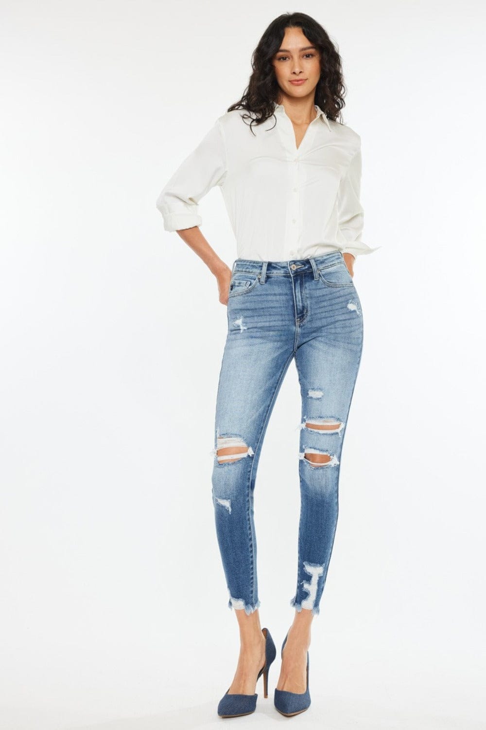 White Smoke Kancan High Rise Frayed Ankle Skinny Jeans