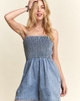 ADORA Smocked Spaghetti Strap Denim Romper