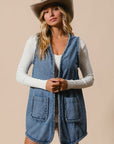 BiBi Braided Trim Open Front Denim Vest with Pockets