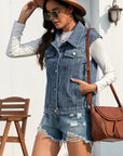 Collared Neck Sleeveless Denim Jacket