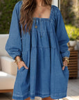 Tied Square Neck Long Sleeve Denim Dress with Pockets