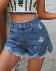 Dim Gray Distressed Raw Hem Denim Shorts