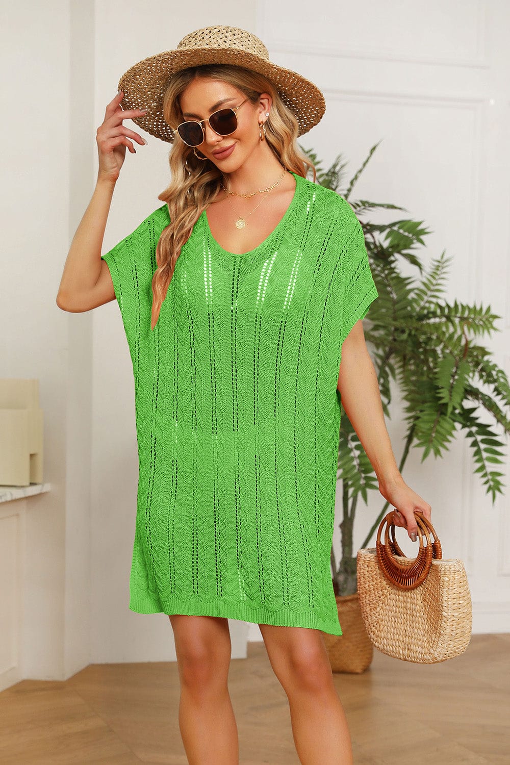 Dark Khaki Double Take Openwork Short Sleeve Slit Knit Cover Up