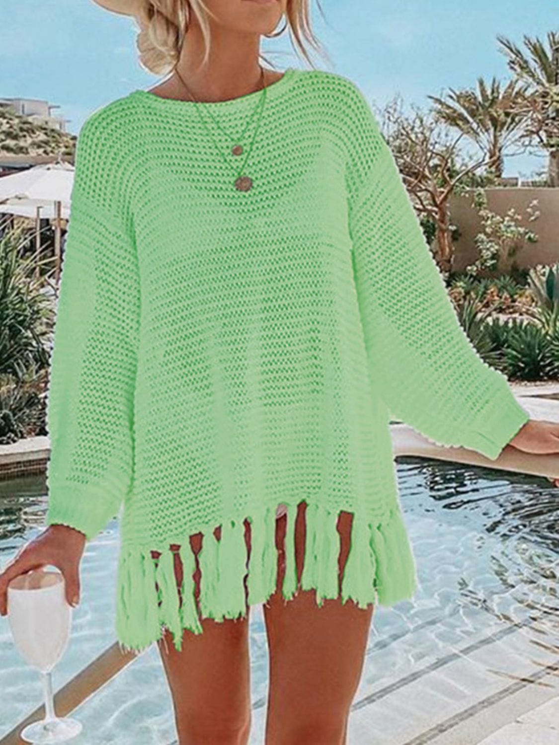 Dark Sea Green Double Take Openwork Tassel Hem Long Sleeve Knit Cover Up