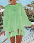 Dark Sea Green Double Take Openwork Tassel Hem Long Sleeve Knit Cover Up