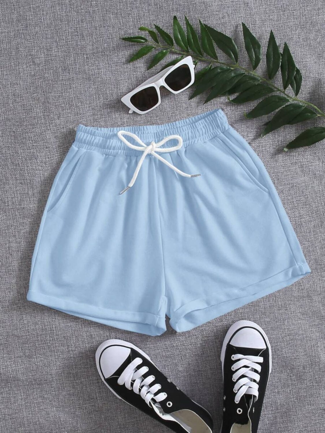 Light Slate Gray Drawstring Pocketed Elastic Waist Shorts