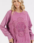 Mittoshop Flower Patch Side Slit Mineral Wash Round Neck Sweatshirt