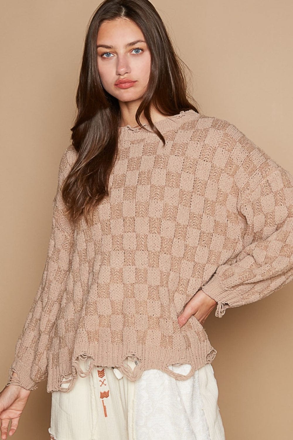 Rosy Brown POL Checkered Distressed Edge Sweater