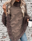 Fuzzy Hem Cable-Knit Poncho