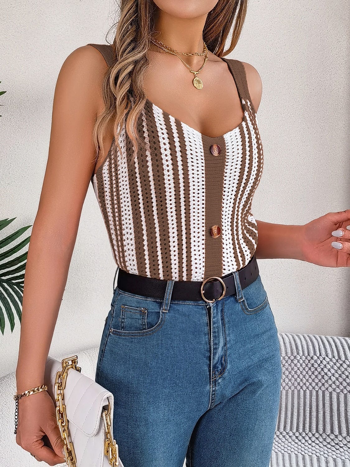 Gray Openwork Striped V-Neck Tank