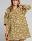 Umgee Raw Hem Floral Print Round Neck Denim Dress