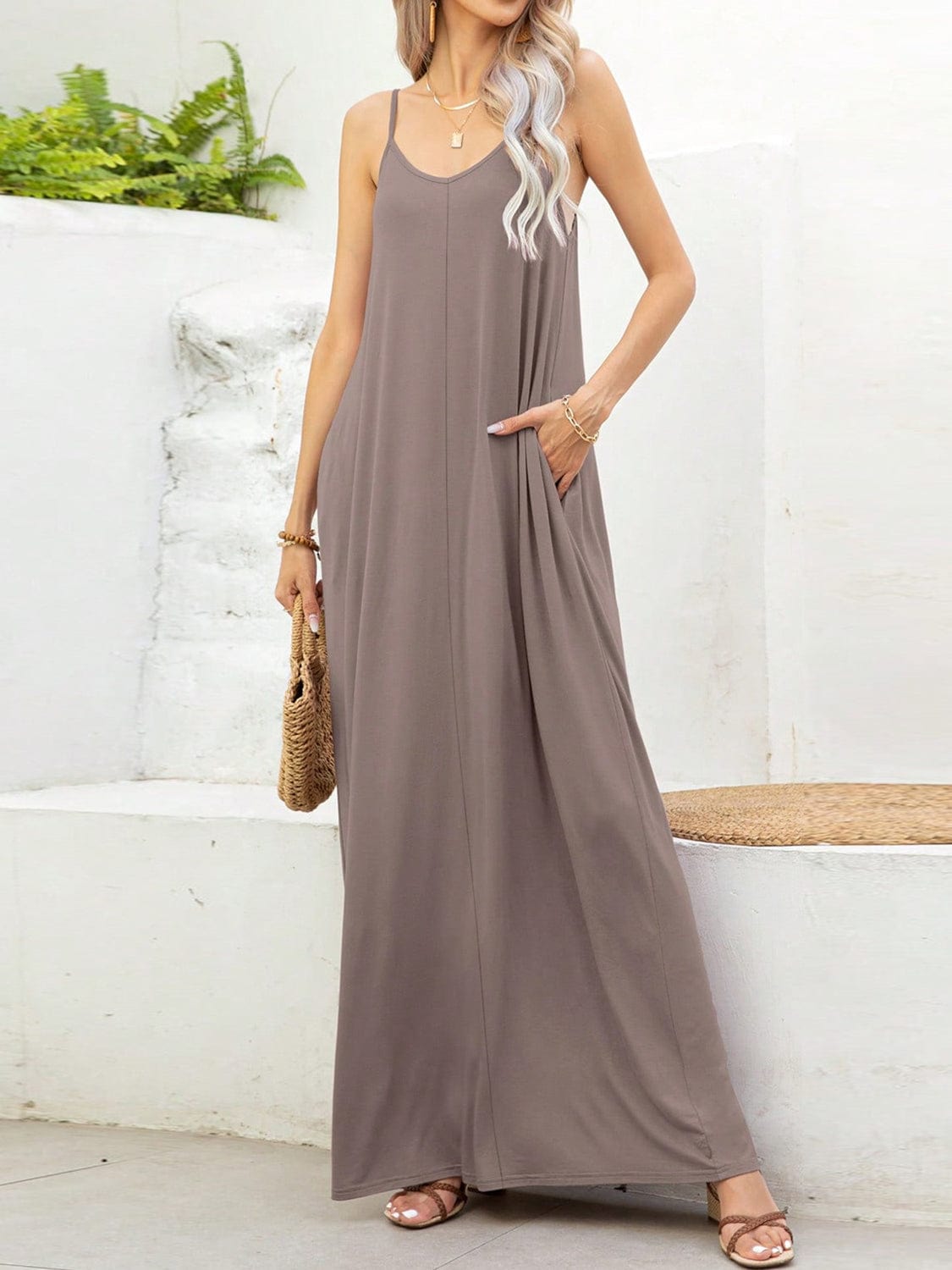 Light Gray V-Neck Maxi Cami Dress with Pockets