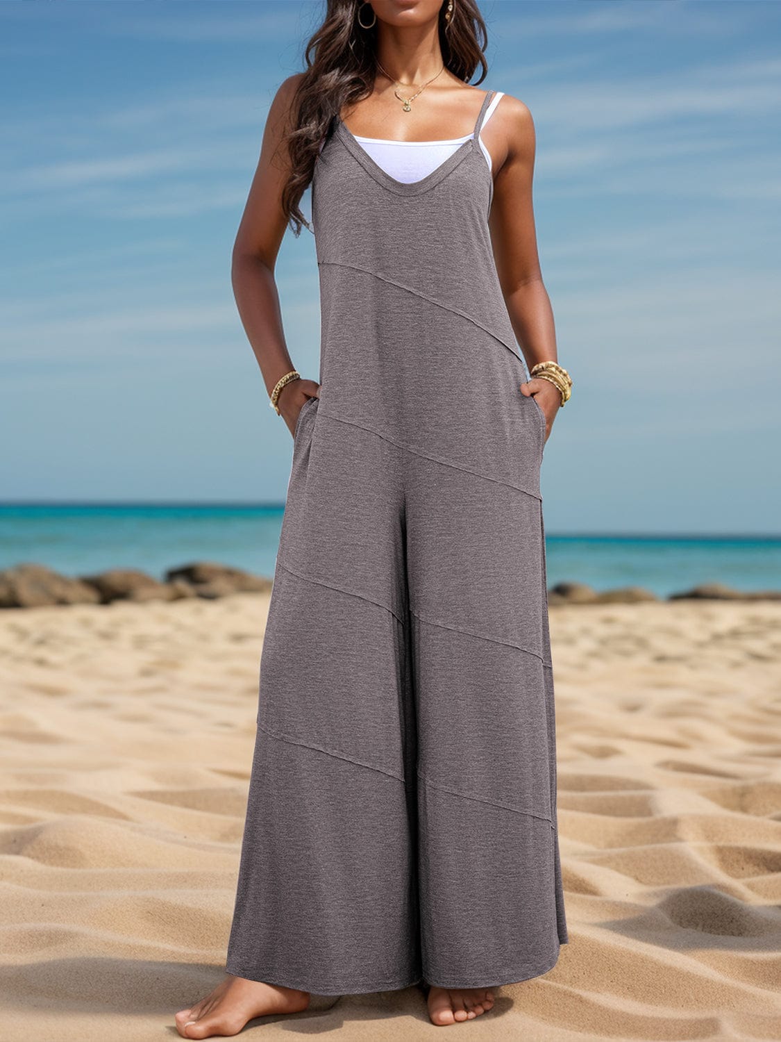 Light Slate Gray V-Neck Spaghetti Strap Wide Leg Jumpsuit