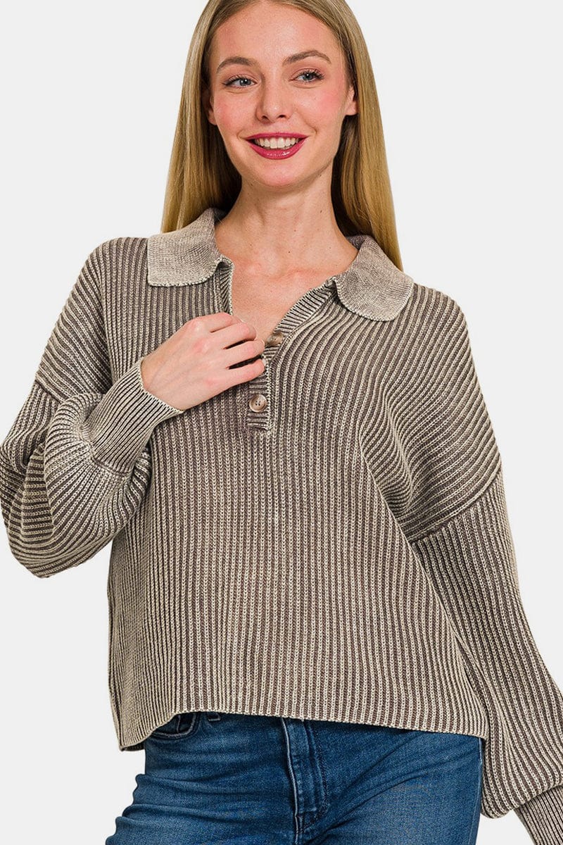 Light Gray Zenana Washed Half Button Long Sleeve Sweater