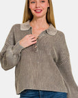 Light Gray Zenana Washed Half Button Long Sleeve Sweater