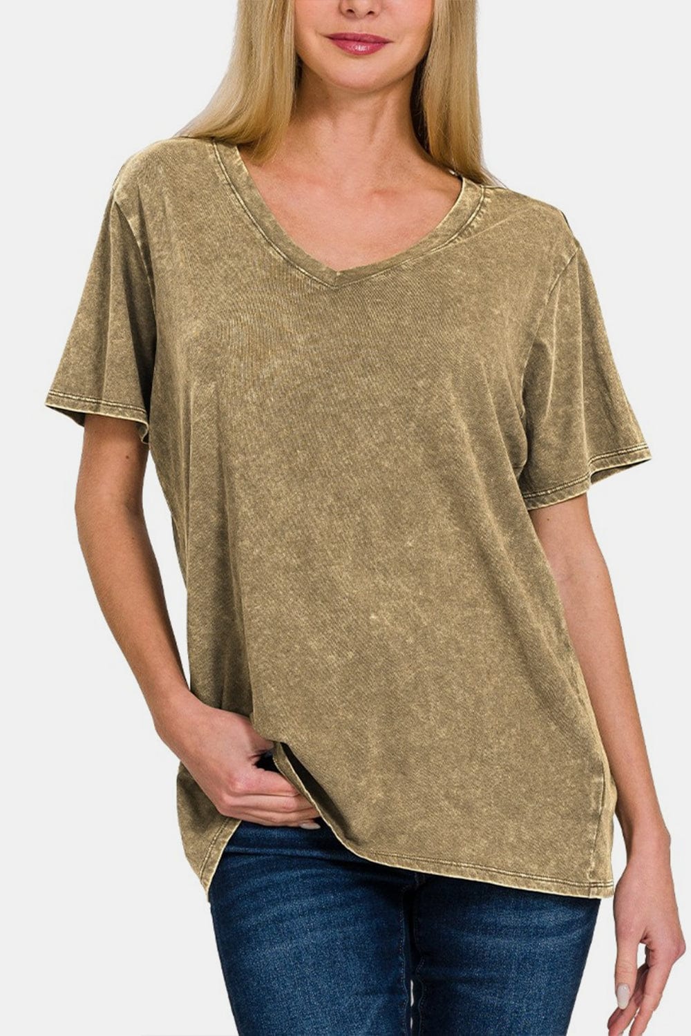 Rosy Brown Zenana Washed Short Sleeve V-Neck T-Shirt