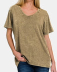 Rosy Brown Zenana Washed Short Sleeve V-Neck T-Shirt