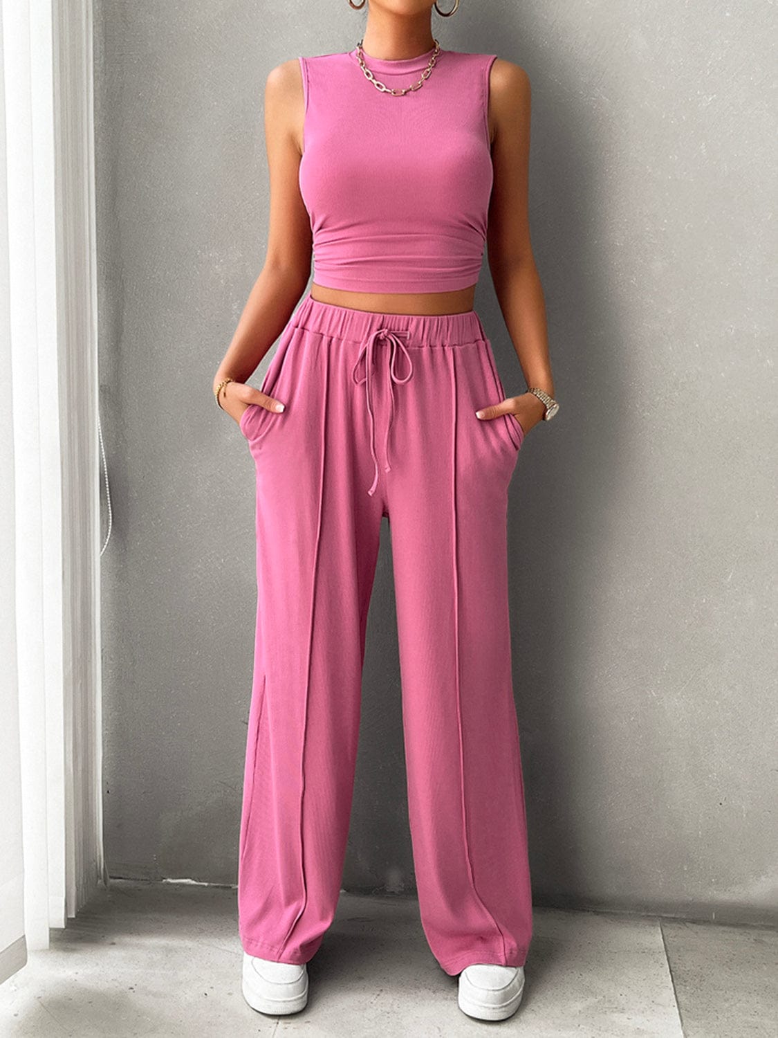 Rosy Brown Mock Neck Sleeveless Top and Drawstring Pants Set