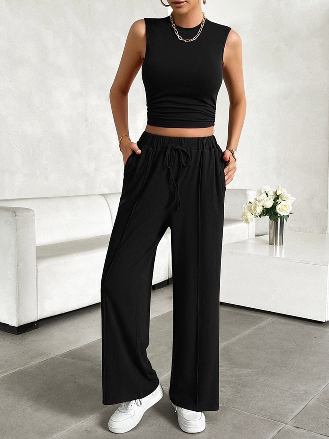 Black Mock Neck Sleeveless Top and Drawstring Pants Set