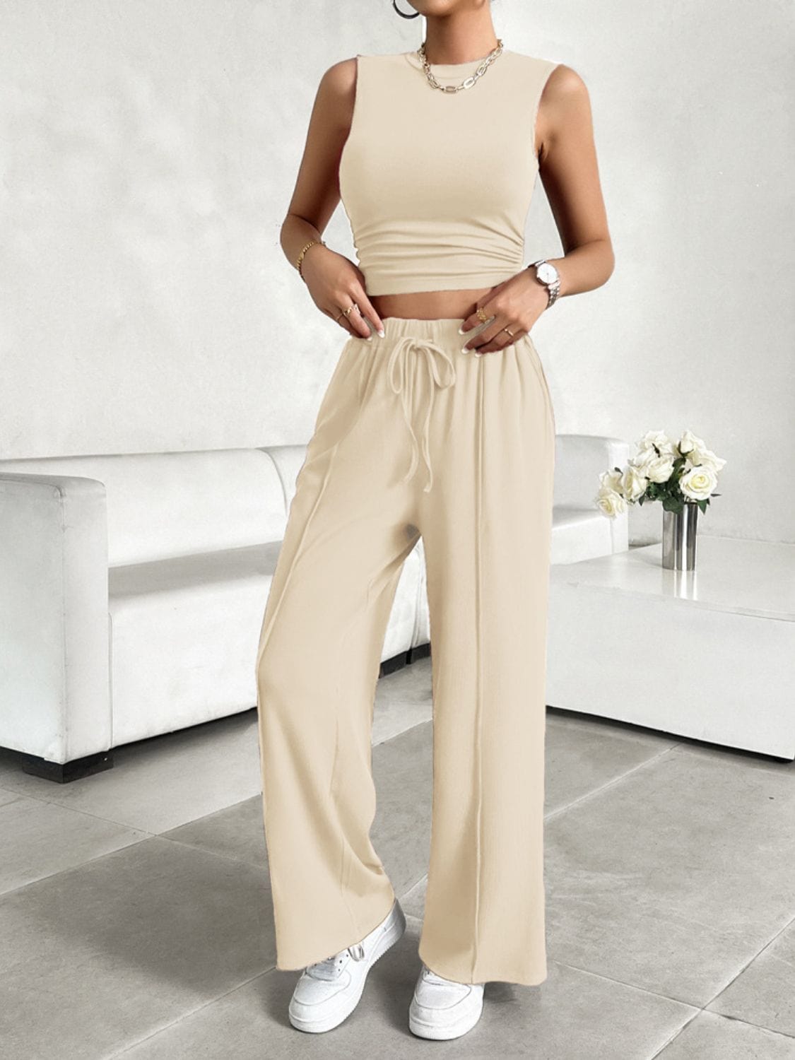 Light Gray Mock Neck Sleeveless Top and Drawstring Pants Set