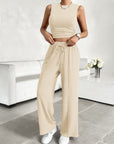 Light Gray Mock Neck Sleeveless Top and Drawstring Pants Set