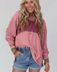 Round Neck Striped Long Sleeve Slit T-Shirt