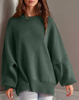 Double Take Side Slit Round Neck Long Sleeve Sweater