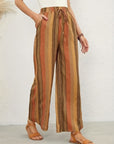 Light Gray Full Size Drawstring Striped Wide Leg Pants