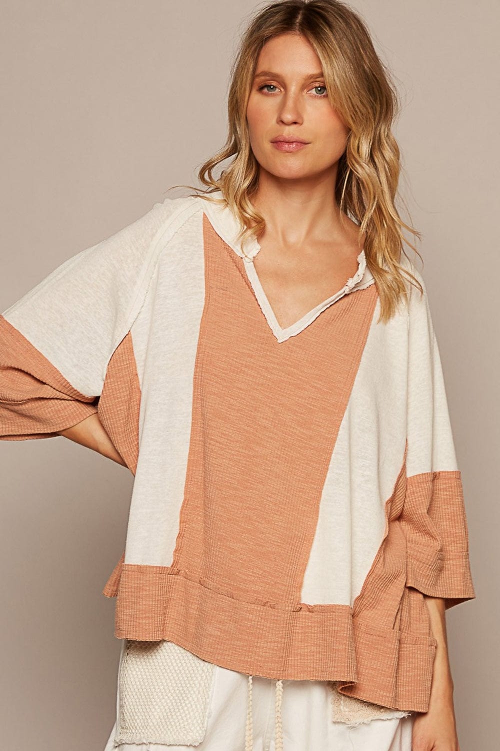 Tan POL Notched Frayed Edge Contrast Top